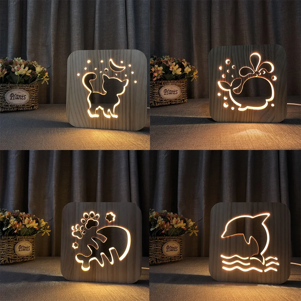 Firya Wooden Dog Paw Cat Animal Night Light French Bulldog Luminaria 3D Lamp USB Powered Desk Lights For Baby Christmas Gift