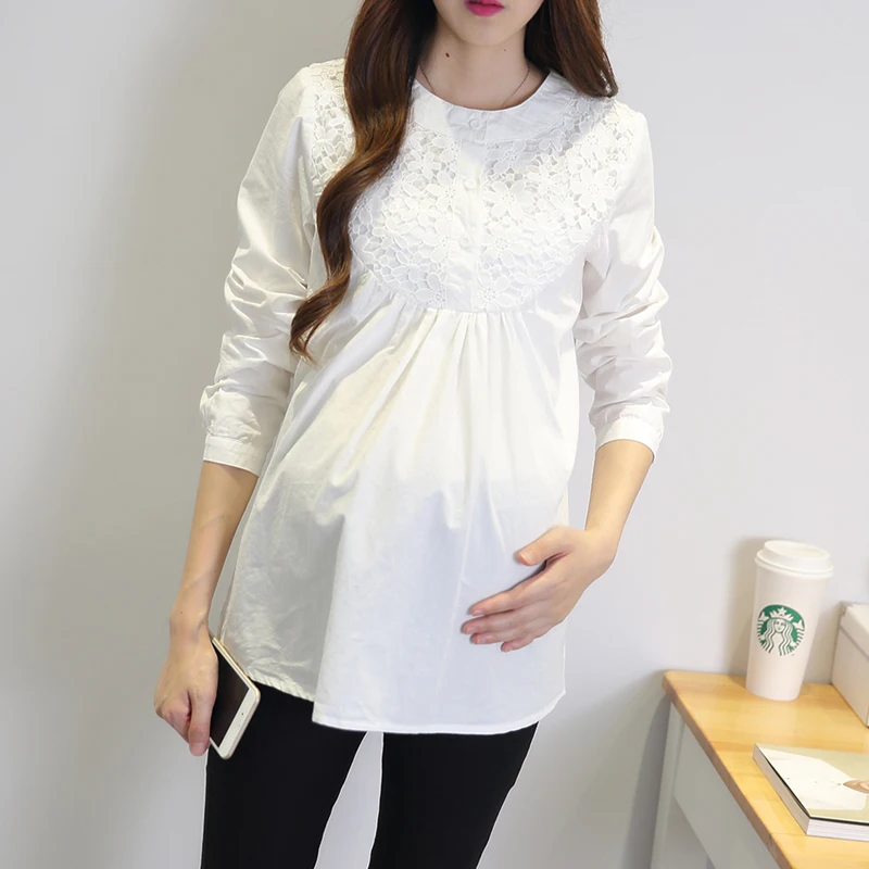 

New 2018 Long-sleeve maternity Clothes top design T-shirt spring and autumn O-Neck fashion lace basic Pregnancy shirt