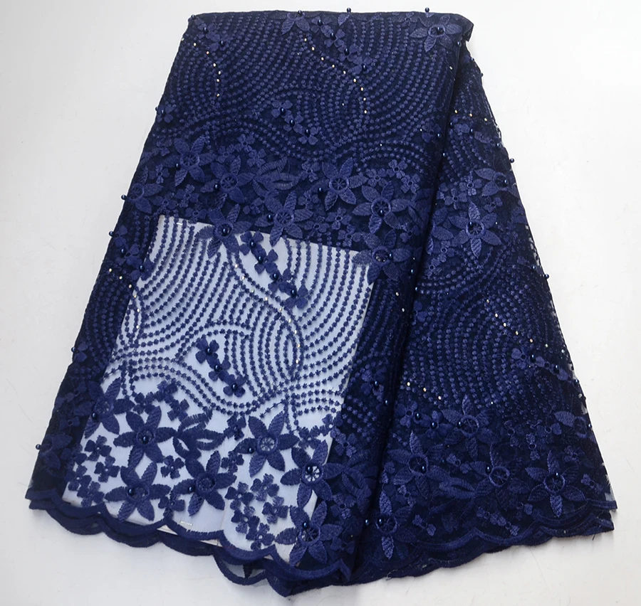 

New design Lace Fabric Navy blue French Lace Fabric With Beaded Nigerian French Fabric High Quality African Tulle Lace Fabric