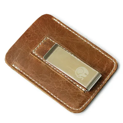 Brown Из натуральной кожи зажим для денег металлический мужской пакет для карт тонкий Зажим для купюр тонкий держатель для денег дешевый - Цвет: Brown