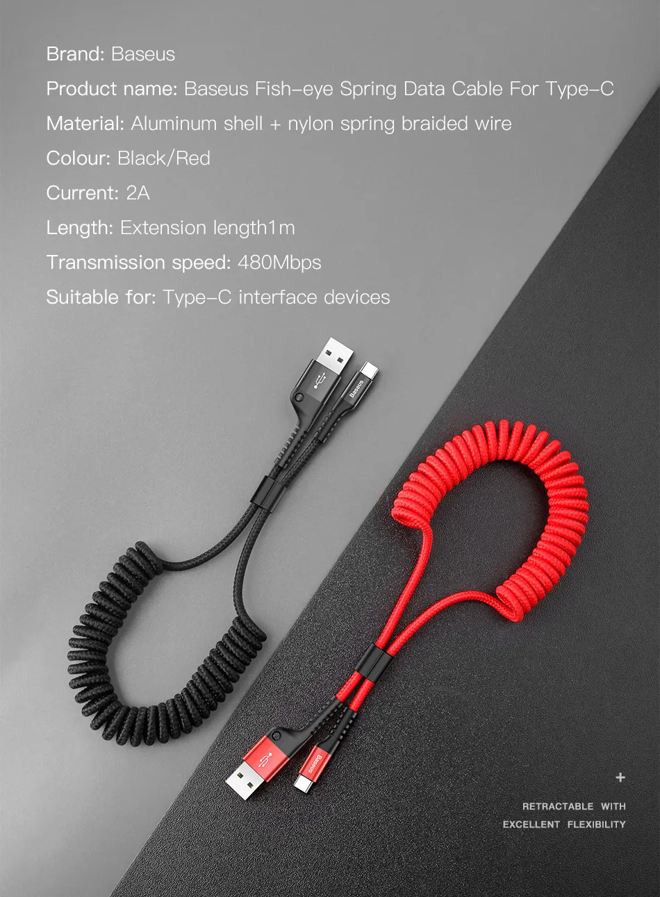 Baseus пружинный usb type-C кабель idea для автомобильного стиля хранения гибкий 2A USB C зарядный кабель для Xiaomi Mi 8 type-c устройства