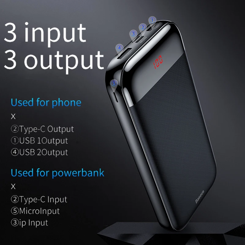 Baseus 20000mAh Power Bank With LCD 3 Input Output USB C PD Fast Charging Powerbank Protable External Battery Charger For Phones