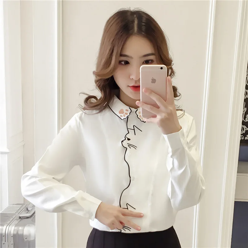  Cute Preppy Style Cartoon Cat Embroidery White Blouse Women Bordered Loose Shirt Tops Long Sleeve A