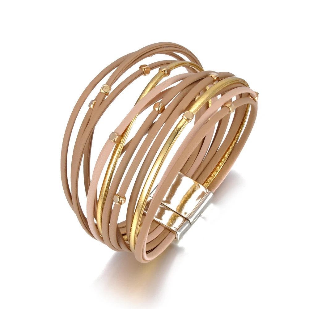 JeeMango Модный Многослойный кожаный браслет браслеты магнит горного Хрусталя Пряжка для женщин подарок Armbanden WRBR014 - Окраска металла: Champagne