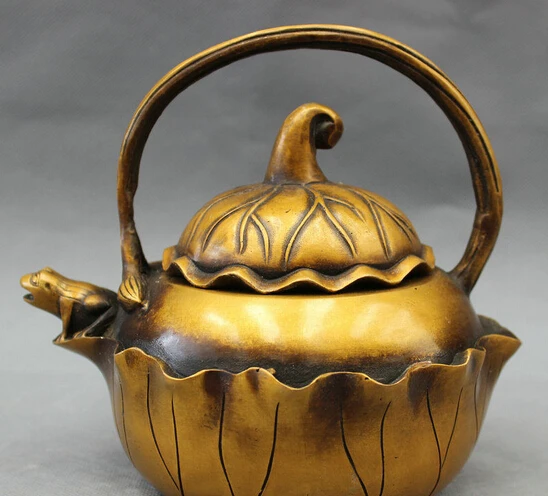 

bi003645 Folk Chinese Bronze FengShui Wealth Jump Frog Statue Lotus Leaf Teapot Wine Pot