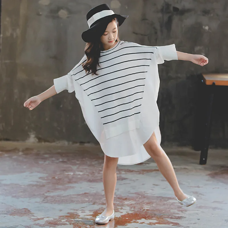 

Back To School Clothing Batwing Sleeve Big Girls Dress Striped Teens Kids Autumn Dresses Loose Mother And Daughter Clothes 2019