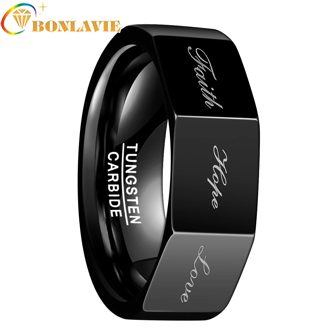 

Newest Tungsten Black Color 8MM Wide Polished Three-sided Lettering Faith Hope Love Tungsten Steel Ring Men Carbide Party Ring