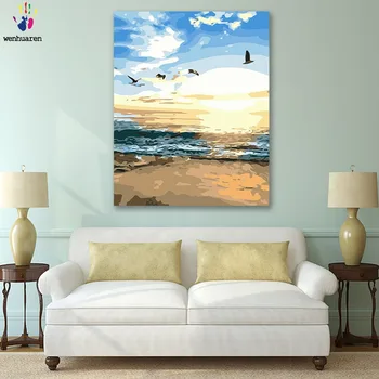 

DIY colorings pictures by numbers with colors Sunrise seascape, seagull, flying picture drawing painting by numbers framed Home