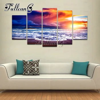 

FULLCANG 5pcs full diamond embroidery "natural sunset seascape" rhinestone painting diy mosaic cross stitch handmade decor G1097