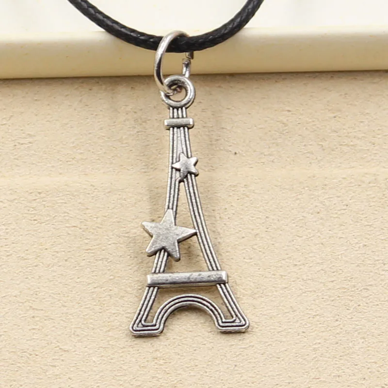 

New Fashion Tibetan Silver paris eiffel tower star Pendant Necklace Choker Charm Black Leather Factory Price Handmade jewelry