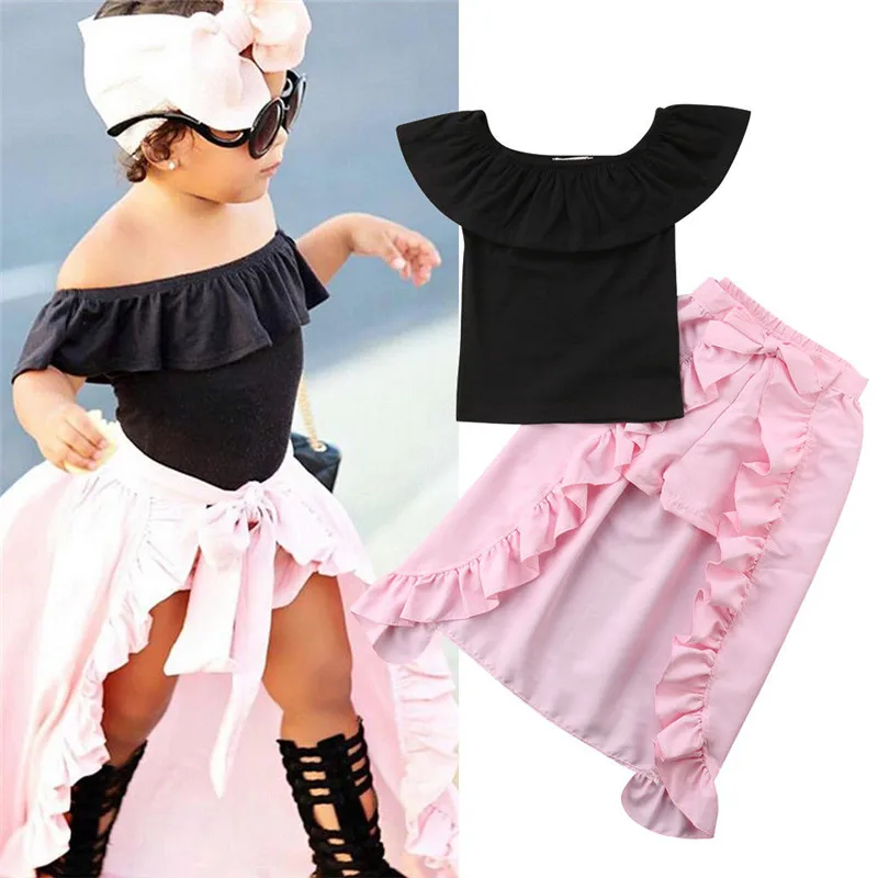 

Summer Girls Kids clothes Off-shoulder pullover sleeveless T-shirts solid shorts Ruffle bandage skirts 3pc cotton Baby Outfits