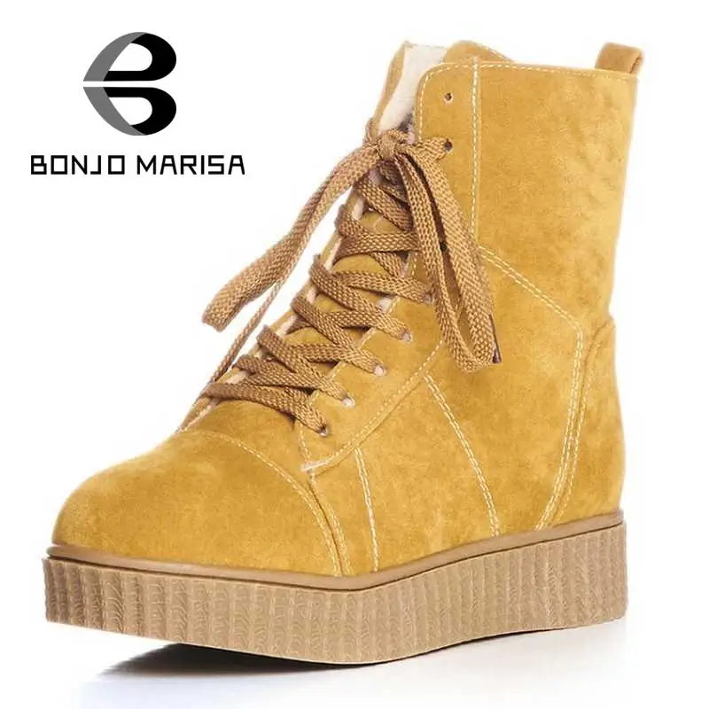 

BONJOMARISA Size 33-42 Women Snow Boots Lace Up Low Heel Solid Round Toe Platform Shoes 3 Colors Autumn Winter Keeping Warm Boot