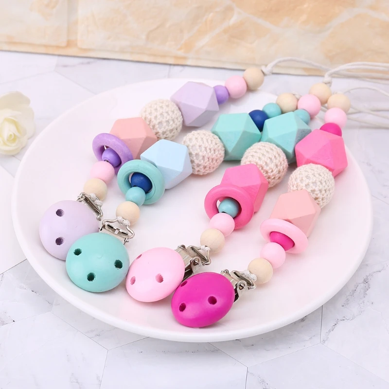NEW Baby Pacifier Chain Clip Holder Silicone Beads Wood Soother Feeding Teether Chew clip silicone