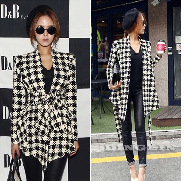 price reduction TFGS 2017 Fashion Spring Autumn Jacket Women Long Sleeve Houndstooth Print Top Casual Slim Belt Pep