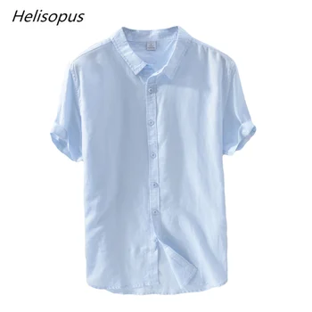 

Helisopus 2020 Summer Autumn Men Cotton and Linen Casual Shirts Fashion Short-sleeved Slim Turn-down Collar Solid Color Shirts