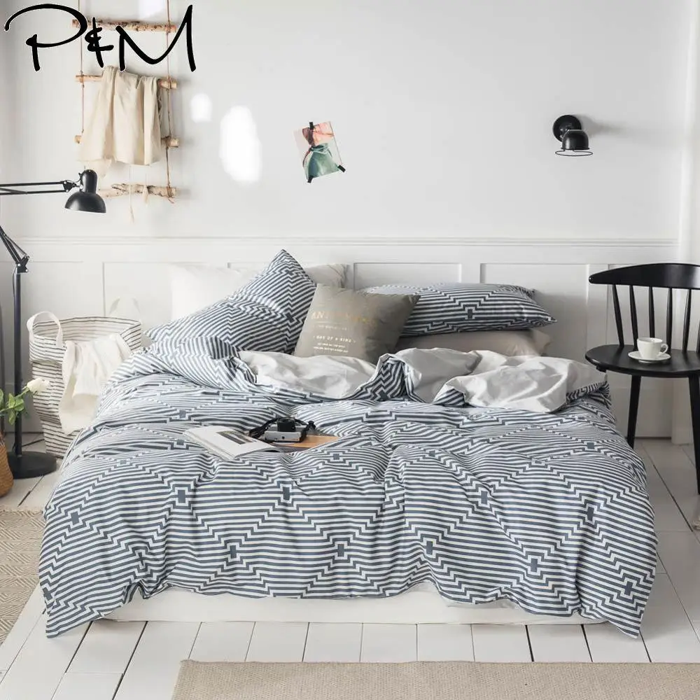 

2019 Brief Nordic Grey Lines Duvet Cover Set Flat Fitted Sheet Cotton Bedlinens Hypoallergenic Twin Queen King Bedlinens