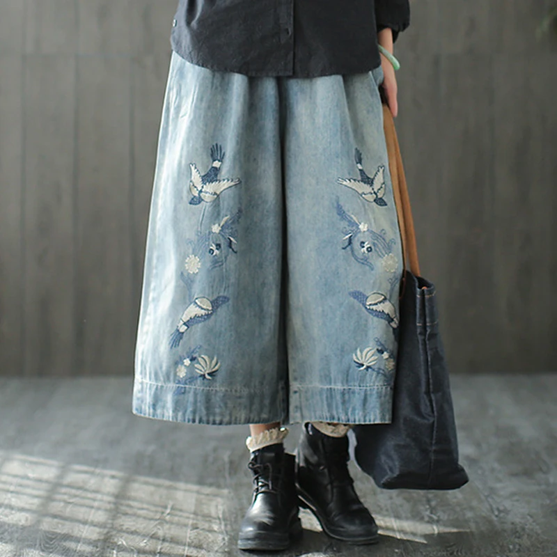 

Brand Wide Leg Pants 2019 Loose High Waist Jeans Woman Elastic Waist Drawstring Streetwear Embroidery Plus Size Jeans Lady