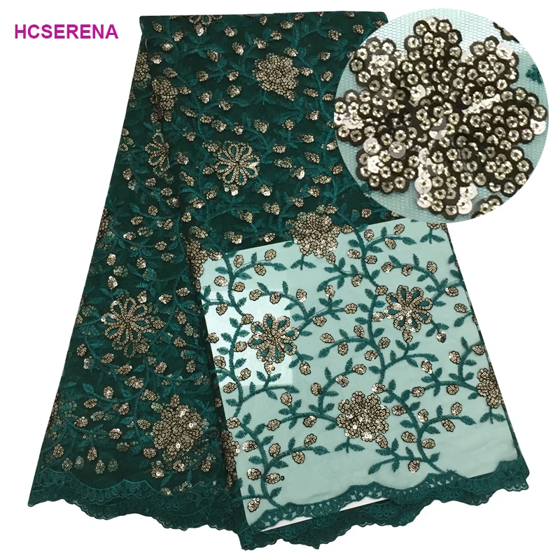 

African Lace Fabric Green Sequins Flower High Quality 2019 French Tulle Lace Fabric Appliqued Nigerian Net Lace For Wedding