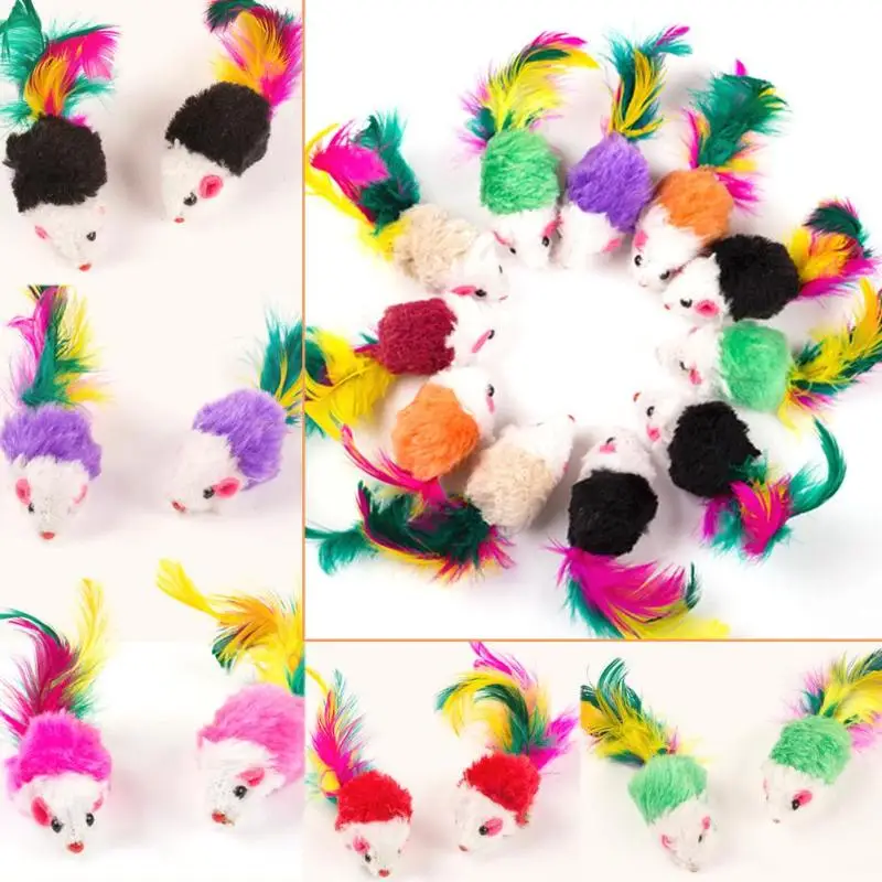 10Pcs/lot Cute False Mouse Pet Cat Toys Mini Playing Toys Interactive Colorful Feather Pet Cat Mouse Plush Kitten Funny Toys