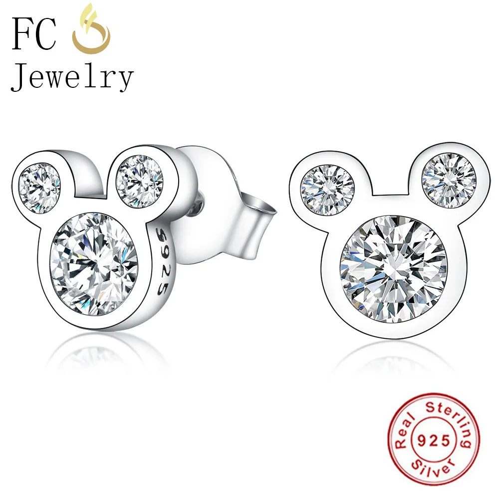 

Solid 925 Sterling Silver Mickey Head Stud Earrings Animal Cartoon Studs For Women Kids Girls Jewelry Gifts Xmas Pave White CZ