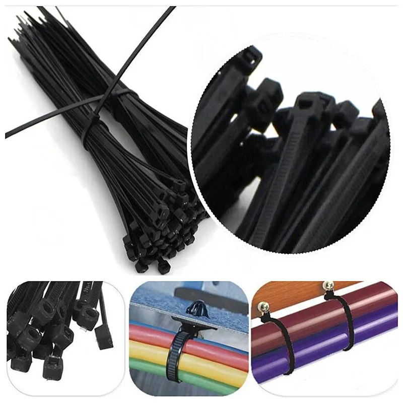 

100pcs 4X150/200/250/300mm Black Plastic Nylon Cable Ties Self-Locking 1.8mm Width Wire Zip Tie