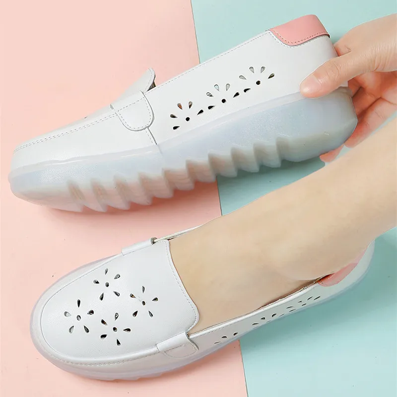 

Breathable Spring Summer Cutout White Nurse Shoes Women Flats 2019 Shallow Slip on Leather Loafers Casual Moccasins Platform