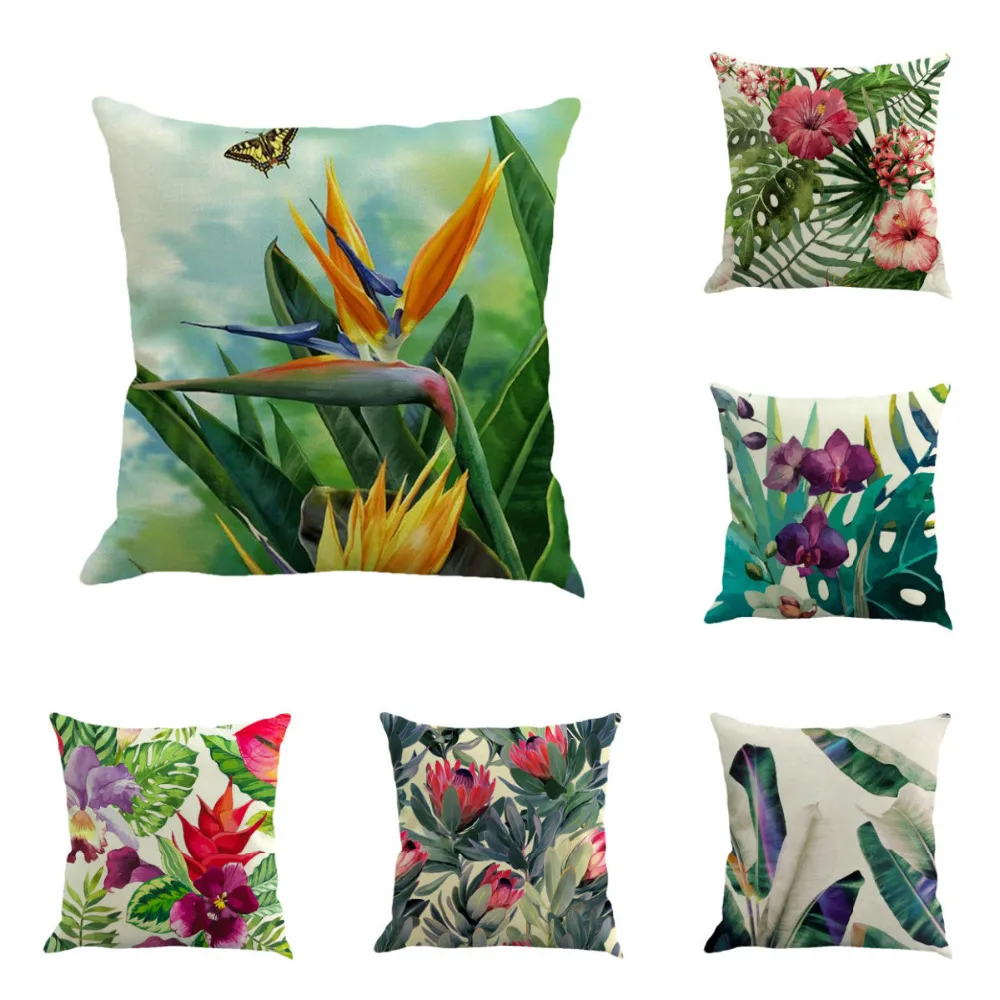 

Plant Cushion Cover Tropic Tree Green Throw Pillow Cover Flamingo Bird Decorative Pillows Flower Cushion Cover for Sofa Car