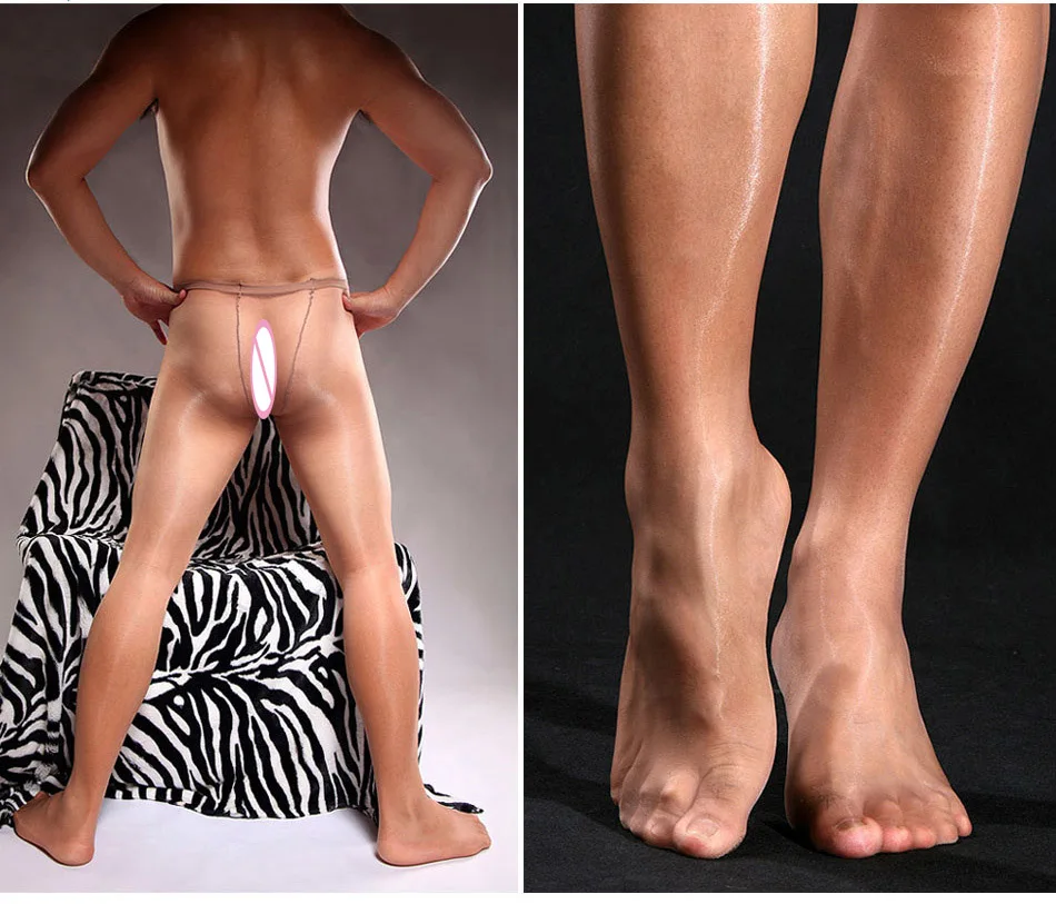 Men Sexy Oil Shine Full Sheer Opening Crotch Front Fly Pantyhose Tights Socks Lingerie