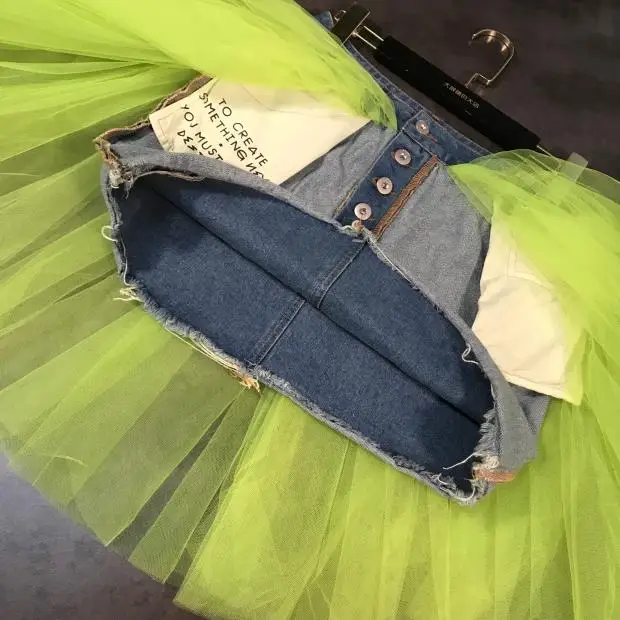2019 джинсовые юбки женские с высокой талией с карманами сетчатая Лоскутная джинсовая юбка женская мини бальная юбка jupe женские юбки