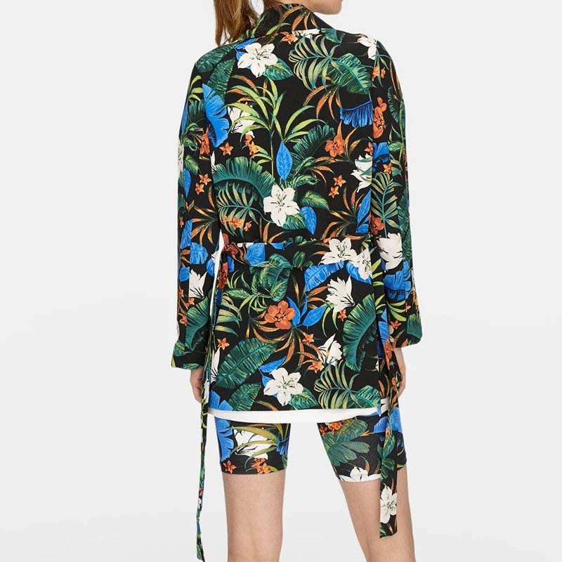 Vintage Floral Print Women's Jacket Suit Coat Sashes Long sleeve Office Blazers Women Thin Outerwear Female casaco feminine Tops