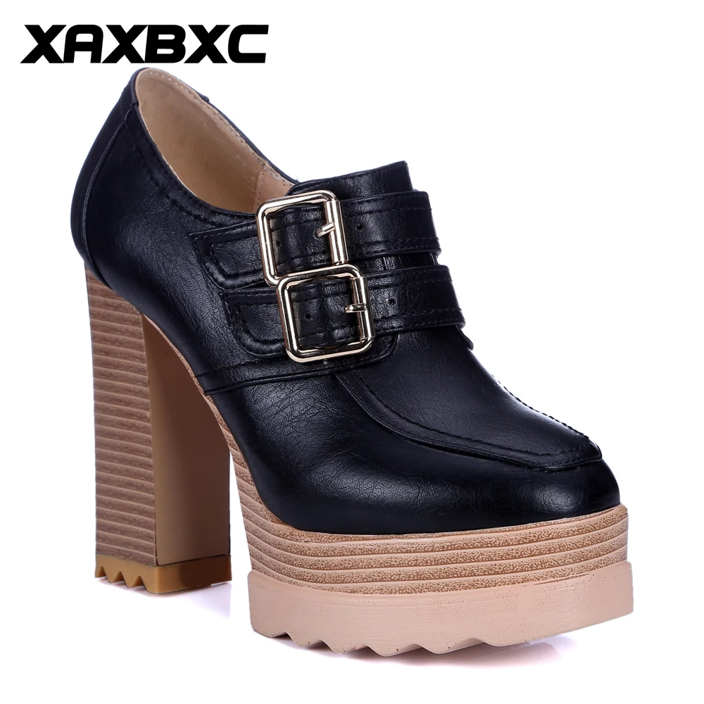 

XAXBXC 2018 Retro Spring Autumn Thick Heel PU Leather Brogue High Heels Platform Women Pumps Handmade Casual LadiesShoes