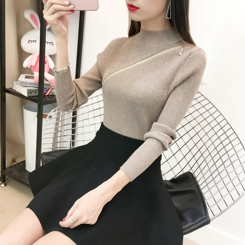Shiny Lurex Half Turtleneck Women Sweater And Pullover Zipper Basic Sweaters Autumn Winter Korean Solid Knit Tops Jumper Femme