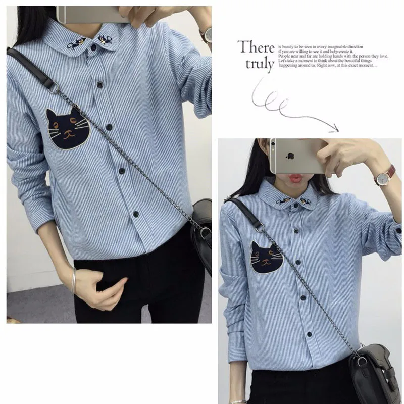 2016 New Spring and Autumn Womens Shirt Blouse Cat Embroidery Long Sleeve Women Shirts Casual Tops Size M-XL02