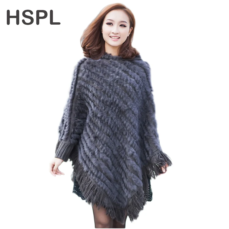 

HSPL Real Rabbit fur knitted Poncho 2017 Hot sale Large Knitted Genuine Fur Hooded Shawl Women Large Cape Shawl For Ladies