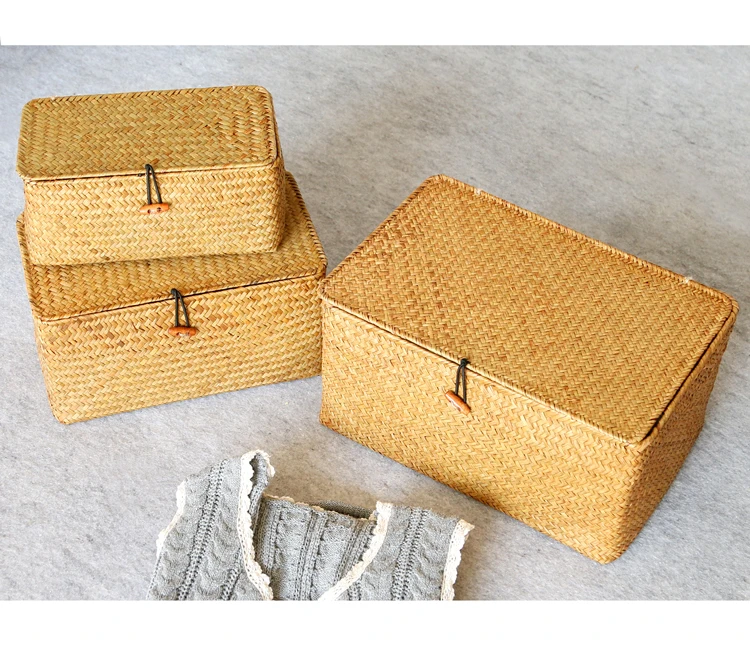 Handmade Seagrass Woven Storage Box Seaweed Storage Finishing Basket with Lid Sundry Bath Cosmetic Towel Container mx01161829