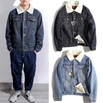 

New Men Light Blue Winter Jean Jackets Outerwear Warm Denim Coats New Men Large Size Wool Liner Thicker Winter Denim Jackets