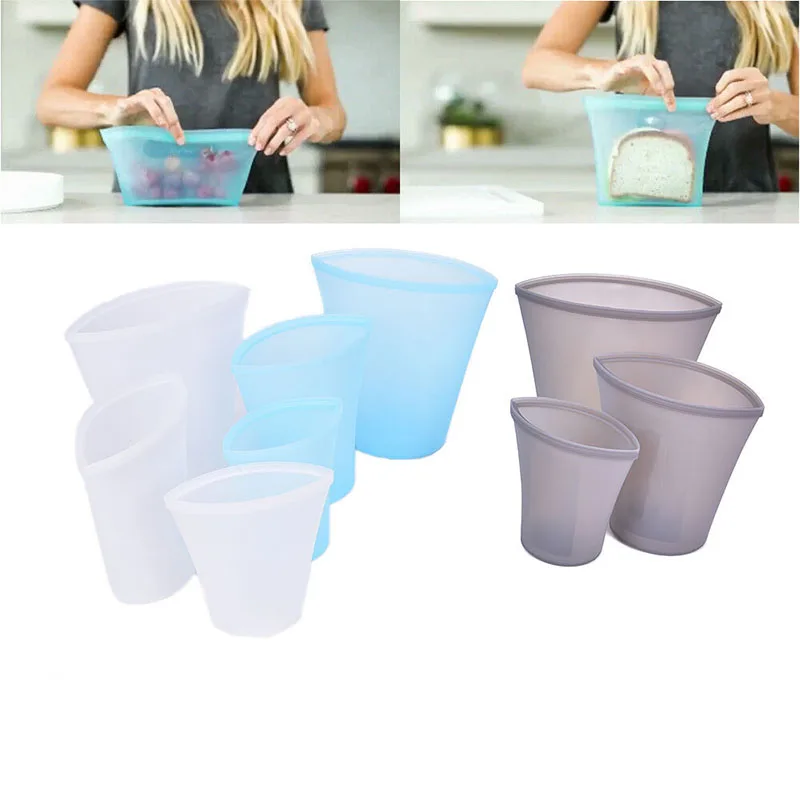 

3 Pcs Silicone Food Storage Containers Zip Top Leakproof Containers Reusable Stand Up Zip Shut Bag Cup Home Tool