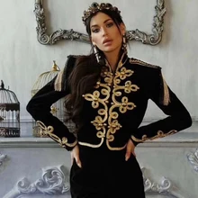 Новая мода шоу Стиль Коллекция Черная Женская Куртка Роскошные костюмы для вечеринки осенняя одежда золотой узор с длинным рукавом пальто оптом