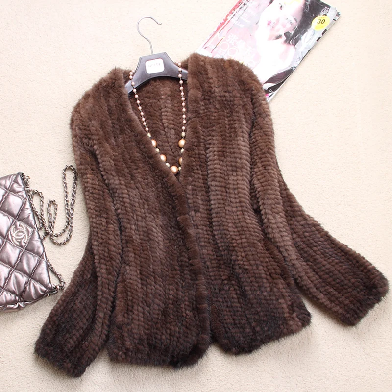Женская модная шуба из натурального меха норки с V образным вырезом|knitted mink fur
