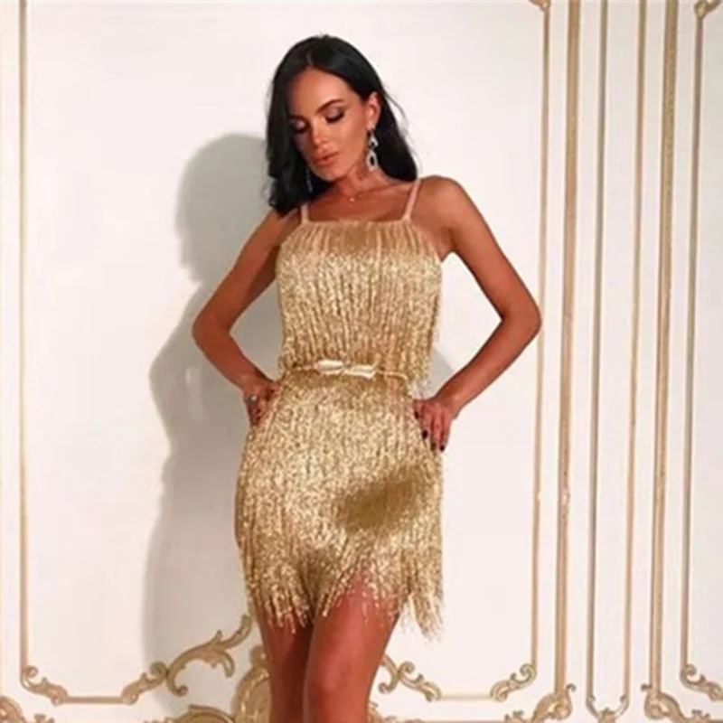 

Hashupha 2019 New Arrivals Tassel Dress Sexy Club Above Knee Evening Party Winter Bodycon Solid Elegant Gold Fashion Dresses