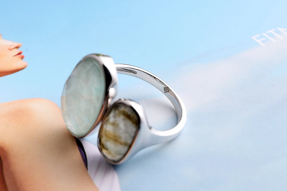 DORMITH Настоящее серебро 925 пробы кольцо с драгоценным камнем натуральный Амазонит лабрадорит камень кольца для женщин ювелирные изделия rejustable размер кольцо