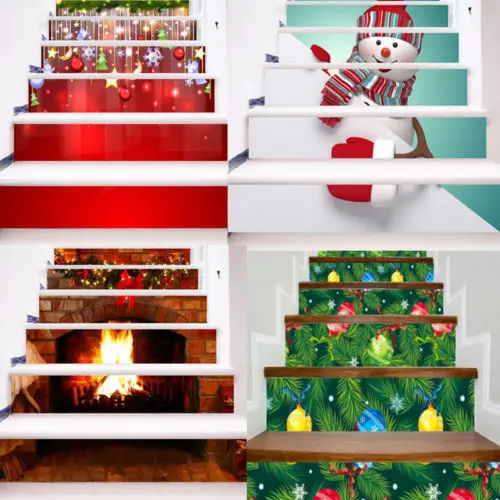 

6pcs 3D PVC Christmas Wall Stickers Snowman Fireplace Self-adhesive Stair Stickers Xmas Home Decor Wall Sticker