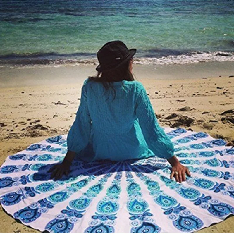 Pleasure Recreation Printing White and Blue Bath Towels Mat Beach Blanket Mandal Round Towel L38349-3 (3)