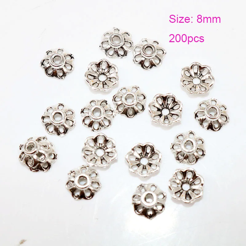 

PDFLKR 200PCS Mixed Color 8MM Wholesale Metal Vintage Silver Flower Beads Caps Tibetan Silver Plated Zinc Alloy End Caps Charms