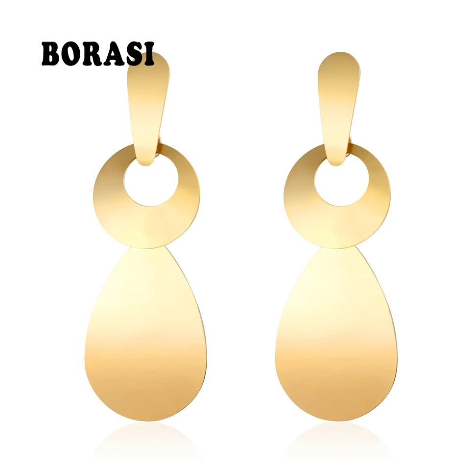 

BORASI Jewelry Wholesale Hollow Circle Water Drop Gold Color Stainless Steel Hyperbole Long Dangle Earrings For Women Party Gift