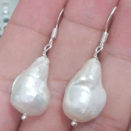 

Free shipping 12x18mm Genuine Natural WHITE BAROQUE KESHI PEARL 925 Sterling Silver Earrings