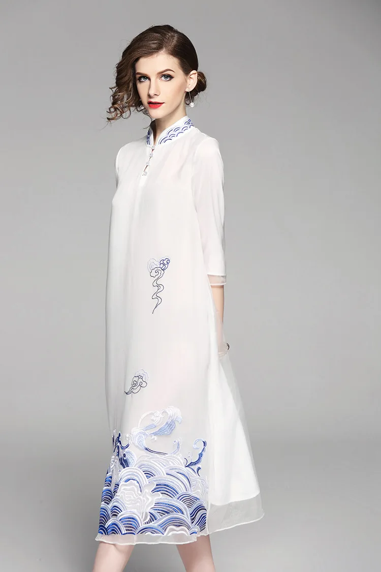 Высокая-конец весны Лето Женщины китайский стиль цветочный платье вышивка Cheongsam элегантный тонкий леди трапециевидной формы Qipao