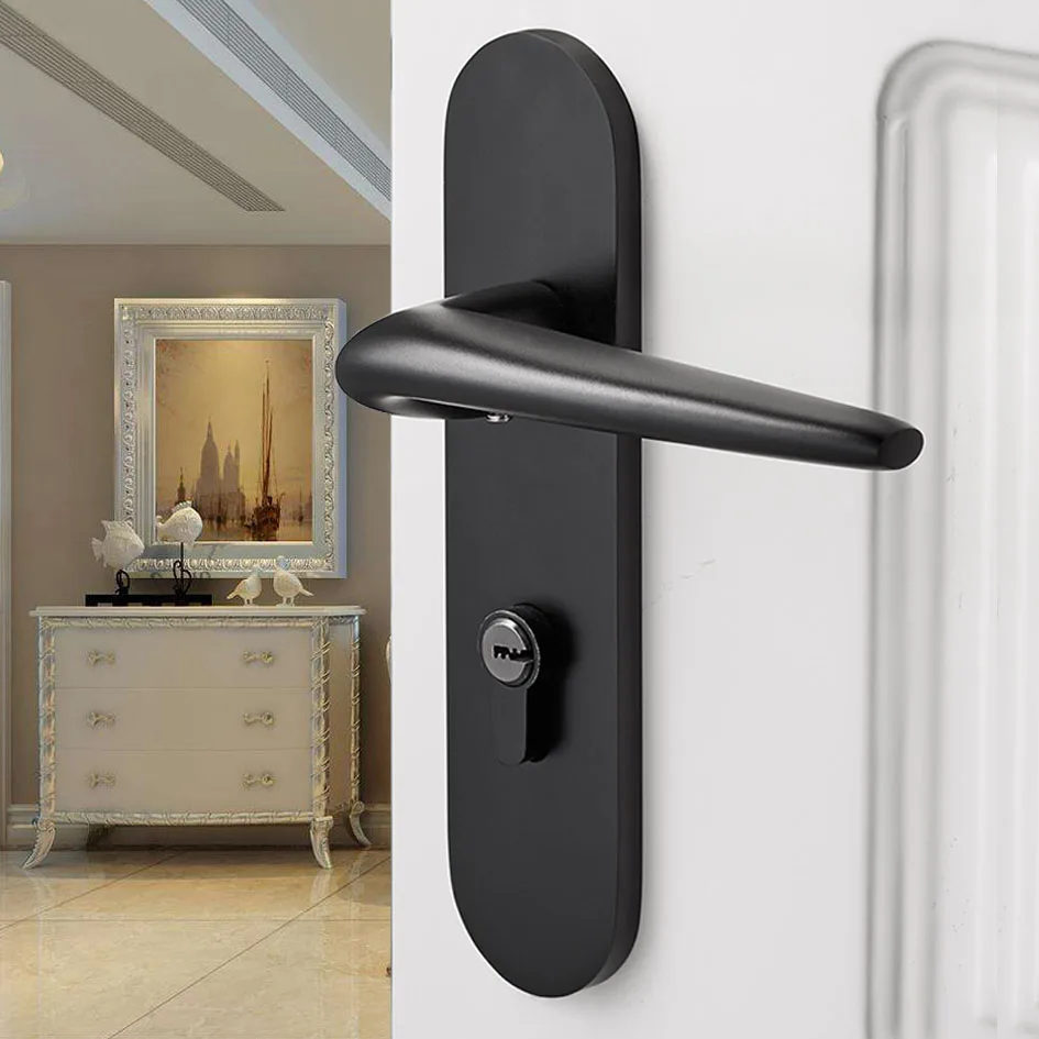  Black solid space aluminum door locks Continental bedroom minimalist interior door handle lock cyli - 33028662647