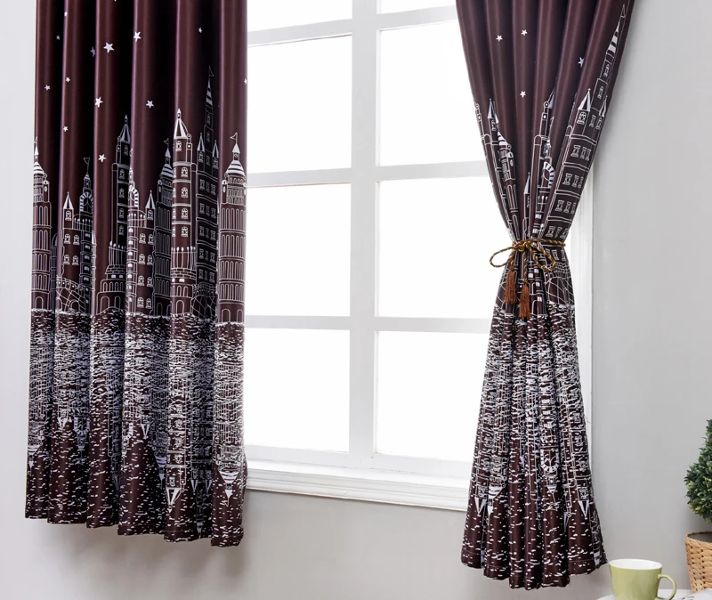 Modern Printed Castle Coffee Color Blackout Curtain For Kids Boys Bedroom Navy Blue Short Curtain Kitchen Window Drapes PC009D3