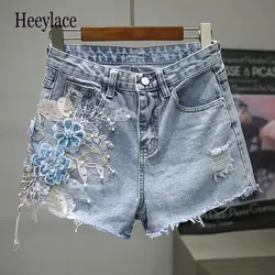 Рваные джинсовые шорты 3D Флористический с высокой талией джинсовые шорты женские 2019 вышитые джинсы с потертостями и дырками шорты женские